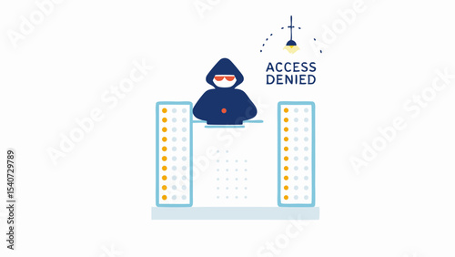 Illustration of an anonymous figure with access denied text and building like structures behind the figure