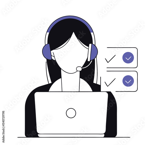 Faceless woman with headset uses laptop and confirms tasks with check marks
