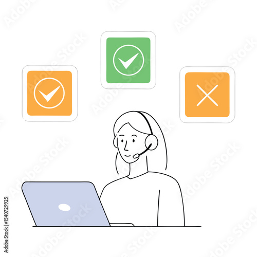 Young woman wearing headset works on laptop with floating check and cross symbols