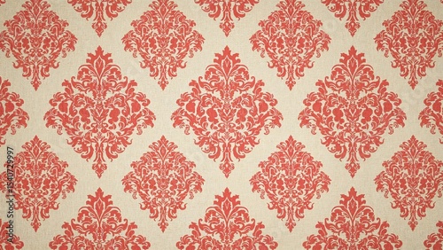 Damask pattern background in red on linen