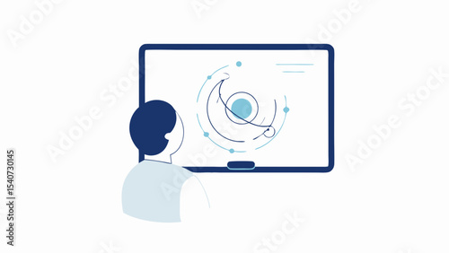 Person viewing a screen displaying a circular diagram with connected points and lines in a modern style