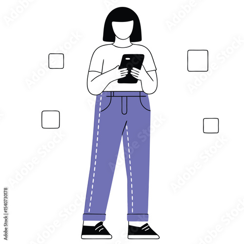Brunette woman in blue pants checks her phone standing near interface placeholders
