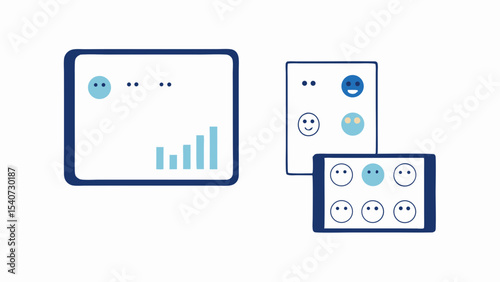 Illustration showing a dashboard with a graph and two devices displaying various emoticons and user interfaces