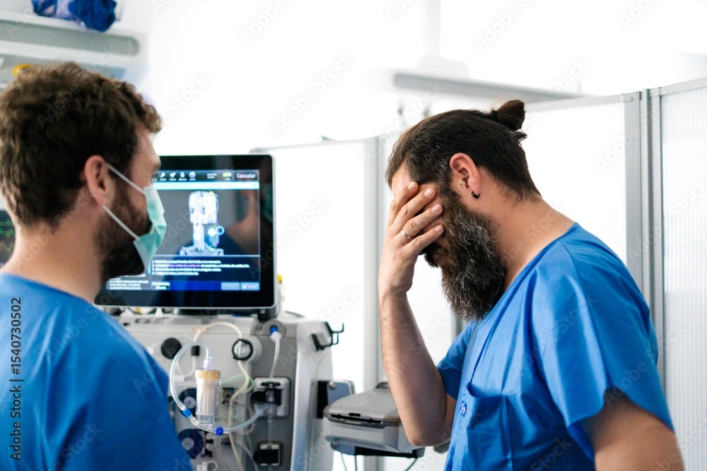 Fototapeta premium Stressed doctor touching face while looking at medical scan results on computer screen