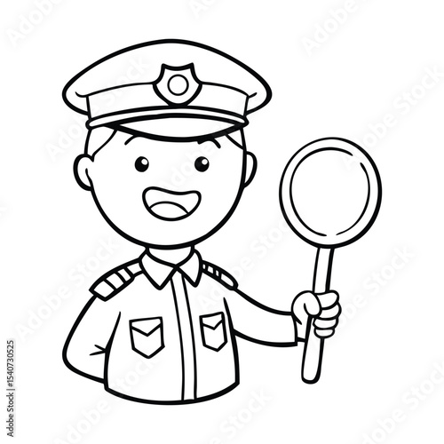 A black and white line art illustration of a cartoon police officer cheerfully directing traffic. 