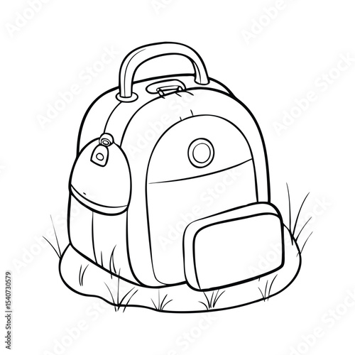 A black and white line art illustration of backpack.