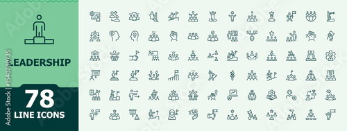 Leadership icon collection. Minimalist icons collection. Editable stroke. Vector illustration. Guidance icon set. Pack of work, leader, strategy, management, team, collaboration and more.