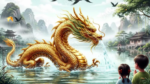 Golden dragon soars over misty lake two children marvel at majestic creature