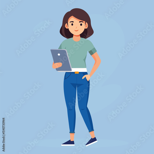 Smiling brunette woman holding a tablet and standing with her hand in pocket
