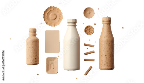 Brown Cork Packaging Mockup: Bottle, Stickers, and Shapes on White Background top view 
