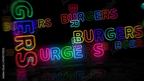 Burgers bar neon symbol. Light color bulbs. Hamburger fast food restaurant abstract seamless and loopable concept. 3d flying through the tunnel animation.