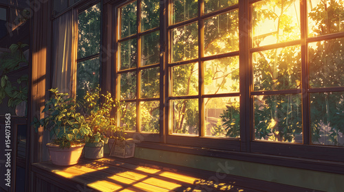 Golden sunlight streaming throw clear window,  Japanese anime style
