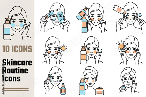 Ten skincare routine icons set for women isolated on white background