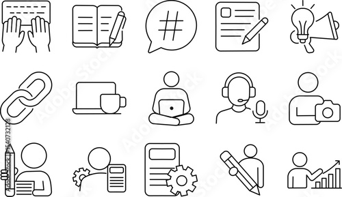 Content Marketing Stroke Icon Set. Includes Blogging, Writing, SEO, Podcast, and Analytics Symbols.