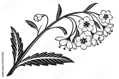 Elegant monochrome blossom features stylized flowers, leaves, and a classic ornamental botanical silhouette