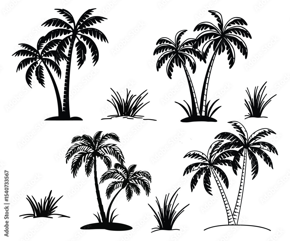 Fototapeta premium Palm trees and grass isolated on white background in a black silhouette