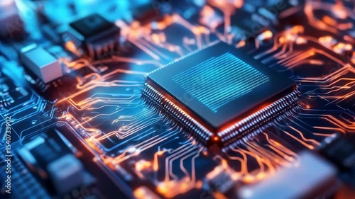 Central Processing Unit:Close-up view of a powerful central processing unit(CPU) installed on a computer motherboard, showcasing its intricate circuitry and technological complexity.