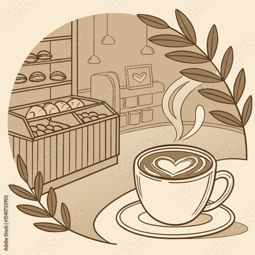 Coffee cup with heart pattern in a cozy café setting with warm colors and copy space
