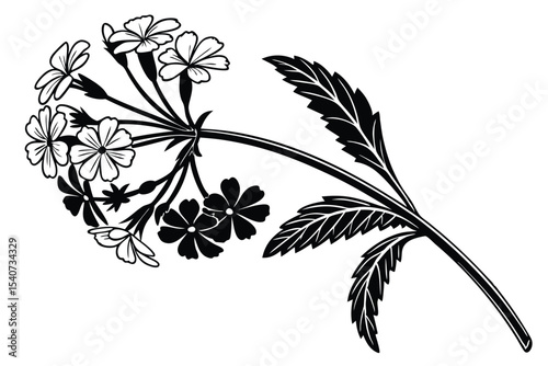 Black flower and leaves display stylized simplicity against a plain white background