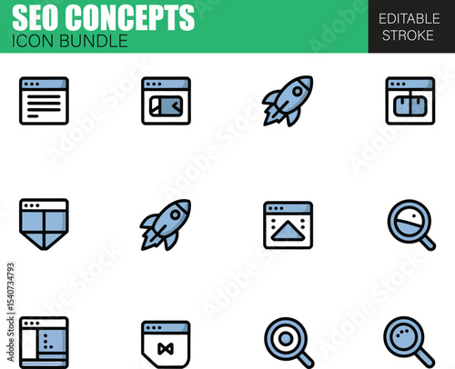 SEO Concept Icon Bundle – Flat Vector Symbols for Search Engine Optimization, Digital Marketing, and Website Ranking Strategies

