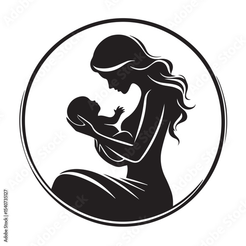 Mother Holding Baby Silhouette | Elegant Circle Vector of Mom and Child