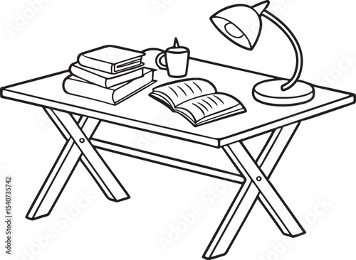 Desk with Books, Lamp, and Mug - Line Art back to school concept