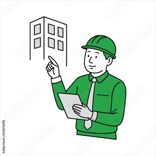 Building Inspector Wearing Hard Hat Using Device – Real Estate and Construction Development Clip Art Illustration

