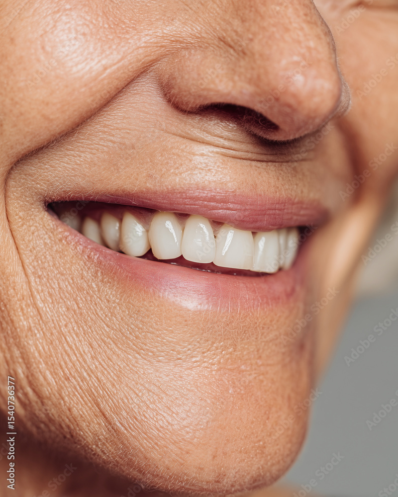 Obraz premium A senior woman with a smile on her face and a white toothbrush in her mouth. Concept of happiness and positivity