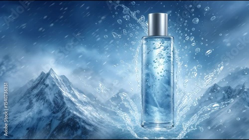 Freshness concept with a cosmetic bottle in a water splash against icy mountain peaks