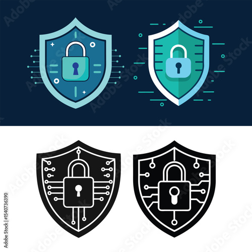 Cybersecurity and Data Protection Shield and Lock Icons