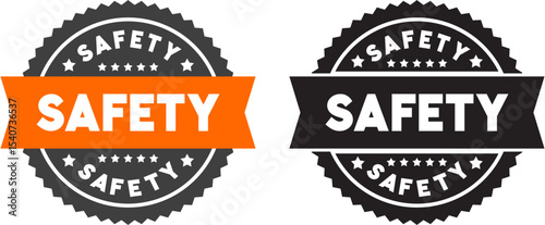 Safety Badge Label Set – Round Safety Seal Icons in Black and Orange Ribbon Design for Workplace, Industry, and Certified Security Approval