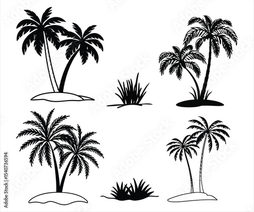Palm trees and grass isolated on white background in black silhouette