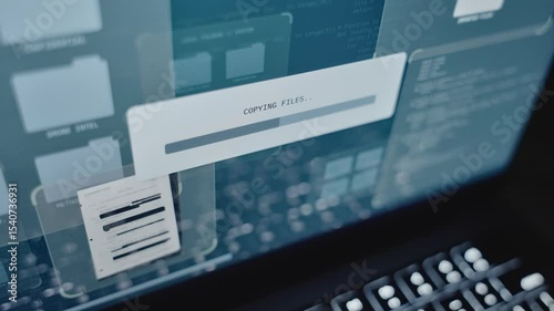 Close up computer screen progress bar copying top secret documents to server. Stealing and hacking classified sensitive information from government agency archive or database. Breaking security breach
