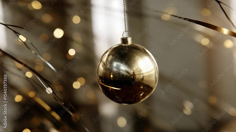 A shimmering gold christmas ornament hanging delicately amidst blurred festive lights and branches. ideal for holiday and celebration themes