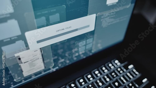 Close up on computer screen progress bar copying secret files to server cloud. Sensitive information being transferred to remote computer by hacker or spy. Surveillance database with censored texts