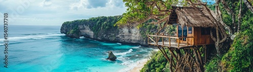 Oceanside Treehouse Cliffside Bungalow Composition, Tropical Paradise, Bali. Travel, Vacation
