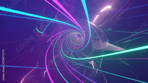 Vibrant neon spirals create a mesmerizing tunnel effect with dynamic light patterns in a futuristic setting