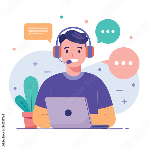 Smiling man with headset works on laptop amid colorful speech bubbles and shapes