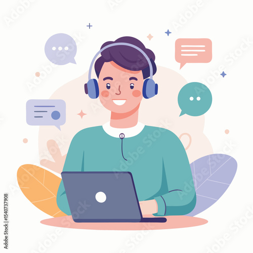 Smiling boy with headphone uses laptop surrounded by speech bubbles and abstract leaves