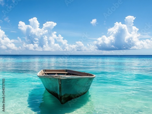 Serenity Teal Boat in Turquoise Waters, Cloudy Sky, Single Rowboat Composition, Peaceful Ocean Scene, Tropical Paradise Keywords Boat, Ocean