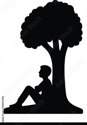Silhouette boy sitting under tree monochrome vector illustration