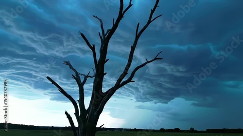 Moody Sky And Bare Tree Silhouette On Horizon Before Approaching Thunderstorm
