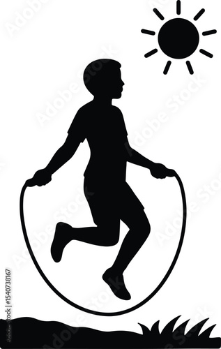 Silhouette boy skipping rope under sun vector illustration