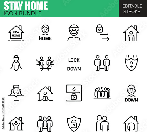 Flat Stay Home Icon Set – Vector Collection for Pandemic Safety, Remote Working, and Social Health Campaigns