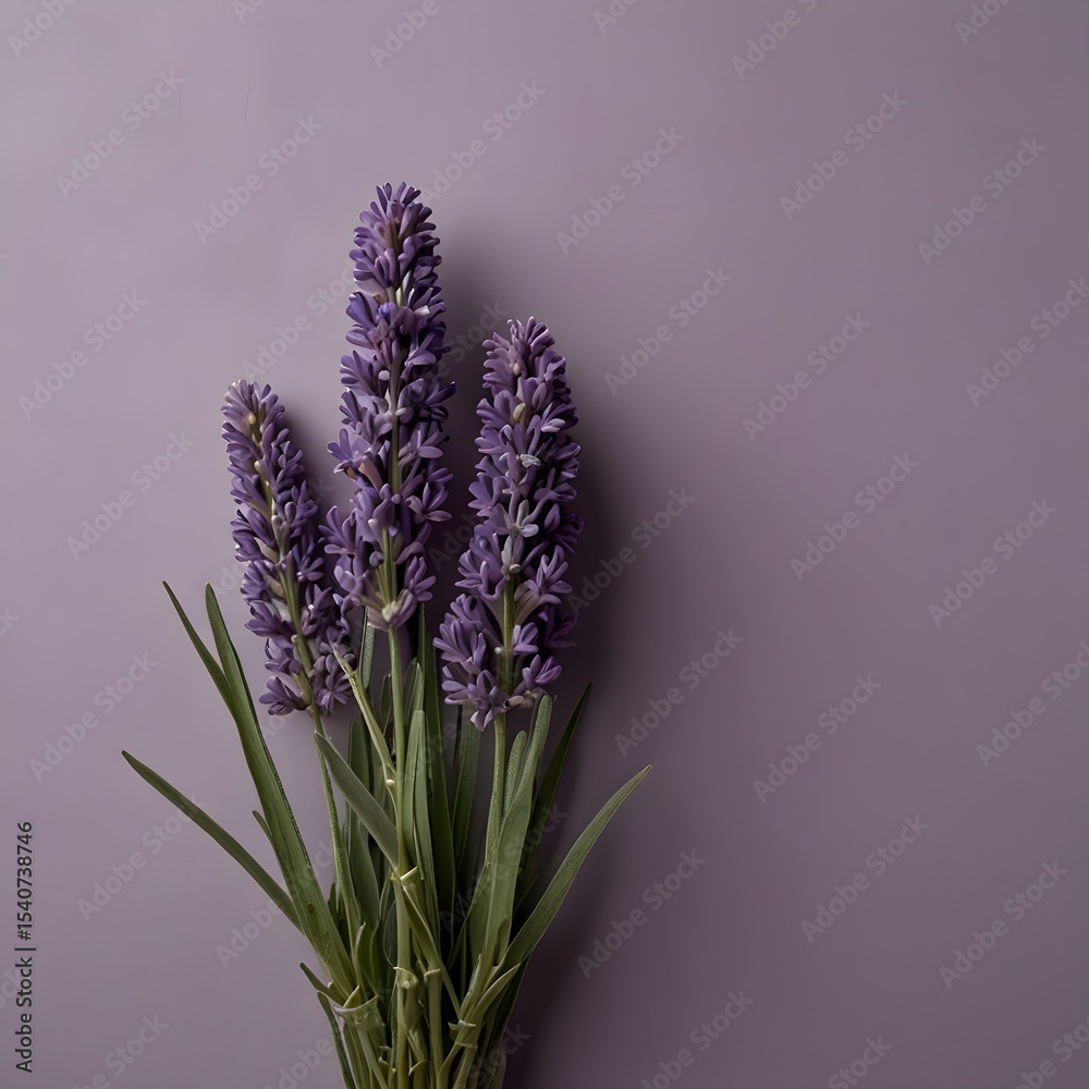 Fototapeta premium Elegant Lavender Sprigs on a Solid Purple Background A Minimalist Botanical Image
