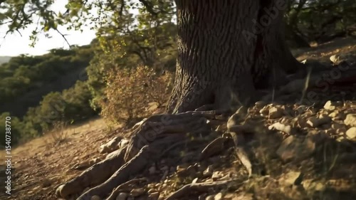 Ancient Tree With Exposed Roots In Natural Hillside Setting