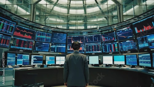 Businessman Standing in Front of a Panoramic Wall of Monitors Displaying Financial Data and Charts