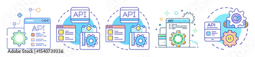 Conceptual representations of API integration, development, and management in a vibrant color scheme