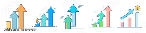 Collection of rising graph and arrow icons representing growth and success