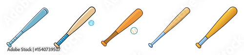 Five baseball bats in different colors for various baseball activities